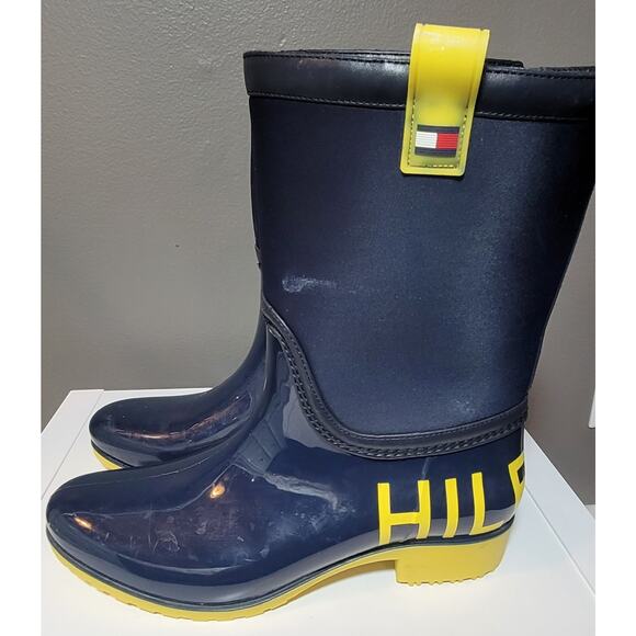 Tommy Hilfiger Desi Logomania Spellout Blue Yellow Women's Rain Boots - Picture 3 of 7